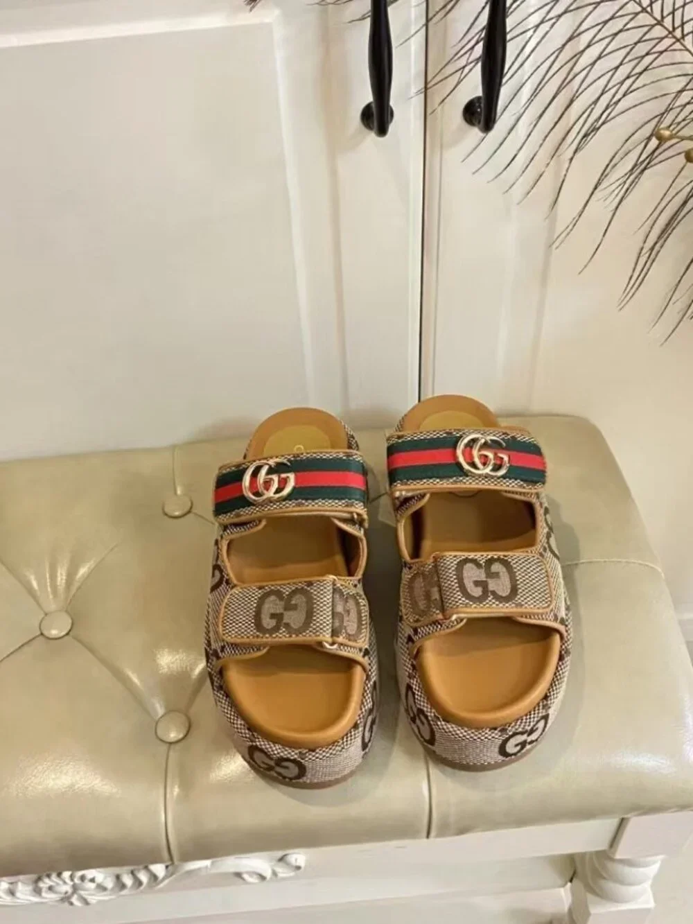 Gucci Monogram Canvas Adjustable Velcro Platform Slides